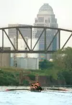 Varsity 8+ crew practices on the Ohio River
