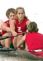 (from left) Seniors Allison Kemphaus, Leslie Walters and Christy Ochsner led the Cardinals' Varsity 8+ to three wins