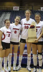 Seniors Kristie Wetterer, Rui Liu, Tatyana Kolesnikova and Jana Matiasovska accept the BIG EAST Trophy.