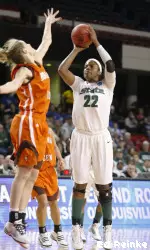 Michigan State's Aisha Jefferson shoots over a Bowling Green defender during the first half of the Spartans' 72-62 opening round win in the 2010 NCAA Tournament in Louisville. (AP / Ed Reinke)