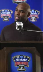 Charlie Strong talks with reporters on Thursday in New Orleans.