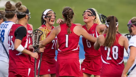 Cortnee Daley (21), Carissa Corbett (1), Kaylin Morissette (6), Celebration | Louisville Lacrosse v Duke | ACC First Round | Photo by: Michelle Hutchins | Louisville Athletics