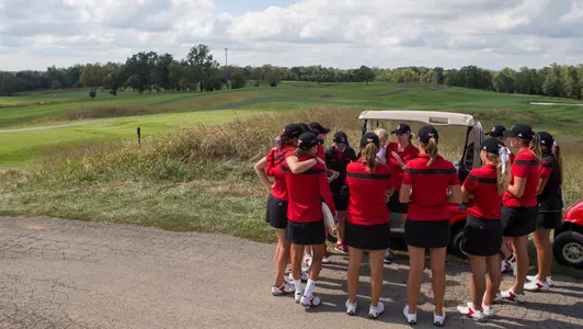 Huddle. Women's golf wins third consecutive Cardinal Cup victory at the UofL Golf Club, September 16, 2014.| Louisville Women's Golf | Cardinal Cup Day 2 |Photo by: Michelle Hutchins | Louisville Athletics