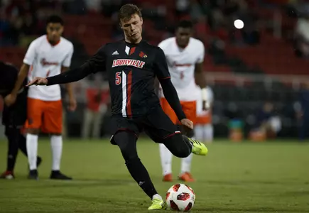 Adam Wilson shoots a penalty kick against Syracuse at Lynn Stadium, October 12, 2018.