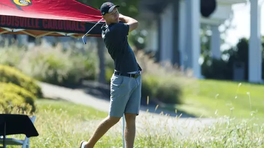 Matthias Schmid tees off on the first day of the Cardinal Challenge, hosted by the University of Louisville at the UofL Golf Club in Simpsonville, Ky.
