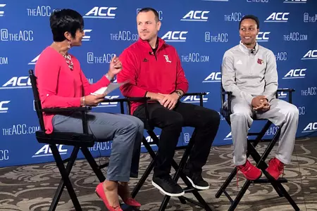 Louisville head coach Jeff Walz and senior guard Asia Durr speak with ESPN's Christy Thomaskutty at the ACC Women's Basketball Tipoff.