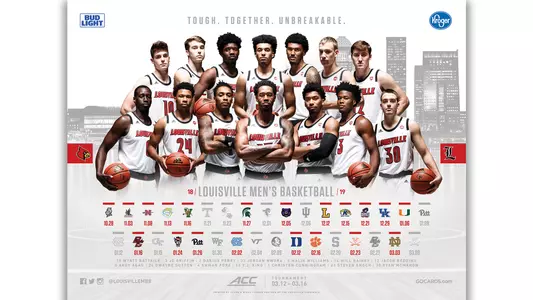 The 2018-19 men's basketball poster contains images of each member of the Cardinals' team on a white backdrop.