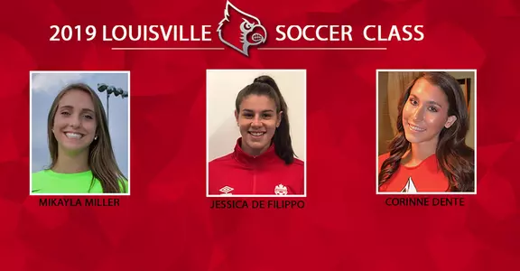 Louisville soccer signees Miller, DeFilippo and Dente's graphic with headshots