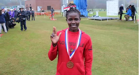 Louisville junior Dorcas Wasike celebrates following her victory at the NCAA Southeast Regional (Credit: Natalie Uhl/UofL Cross Country)