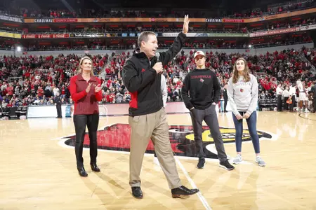 Scott Satterfield is introduced at a basketball game.