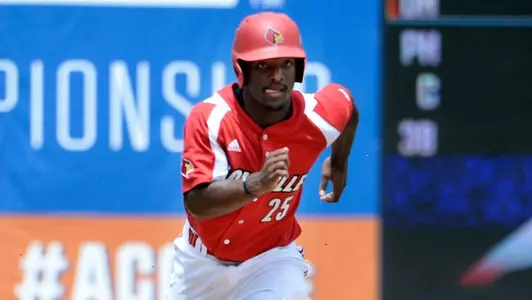 Louisville outfielder Josh Stowers (25) runs to home plate during game four of the 2018 ACC Baseball Tournament in Durham, N.C., Wednesday, May 23, 2018. (Photo by Sara D. Davis, theACC.com)