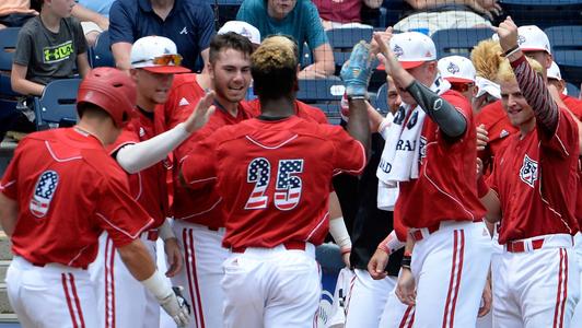 Louisville outfielder Josh Stowers (25) is congratulated on his home run during the championship game of the 2018 ACC Baseball Tournament in Durham, N.C., Sunday, May 27, 2018. (Photo by Sara D. Davis, theACC.com)