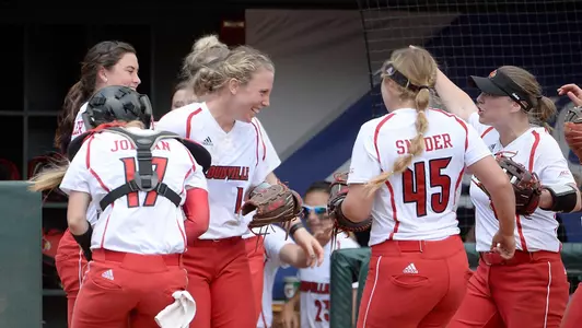 Louisville starting pitcher Megan Hensley (10) celebrates with her team winning the first round of the ACC Softball Championship in Atlanta, Ga., on Wednesday, May 9, 2018. (Photo by Sara D. Davis, theACC.com)