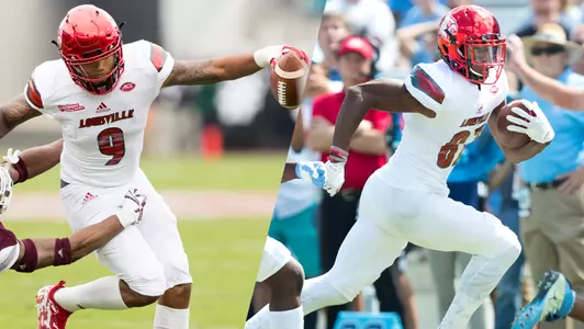 Jaylen Smith and Dez Fitzpatrick run with the football during a game. | Football