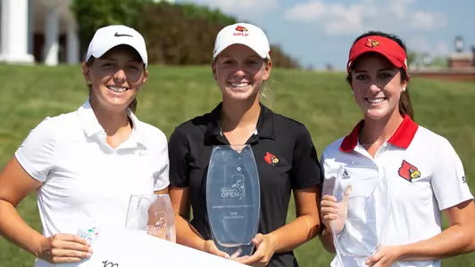 Molly Skapik, Lauren Hartlage, and Olivia Cason showcase their hardware after the Kentucky Women's Open at the UofL Golf Club. | Ira Green