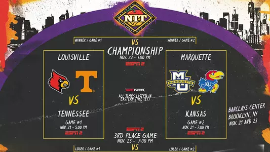 This graphic for NIT Season Tip-Off shows the matchups for the event of Louisville vs Tennessee and Kansas vs Marquette.