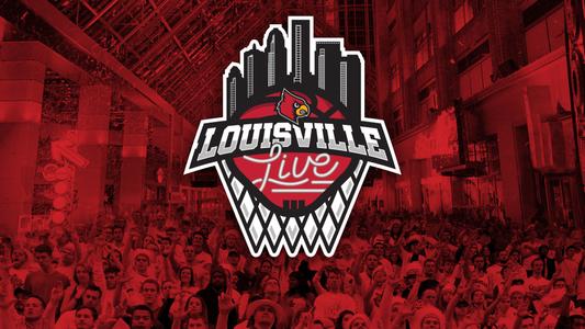 A red "Louisville Live" basketball graphic, which includes a basketball net and city skyline, with a red background of fans.
