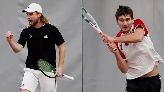 Men's tennis action photos of Brandon Lancaster and Christopher Morin-Kougoucheff