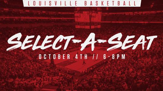 This graphic with a red background of the KFC Yum! Center notes the Oct. 4 men's basketball Select-A-Seat event.