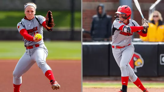 Megan Hensley in pitching motion, Sidney Melton preparting to hit the ball