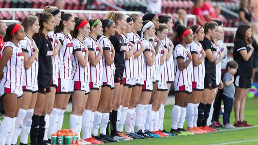 The Louisville Women’s Soccer team standing during the national anthem before the game against Clemson at the Lynn Stadium on October 10 2019.