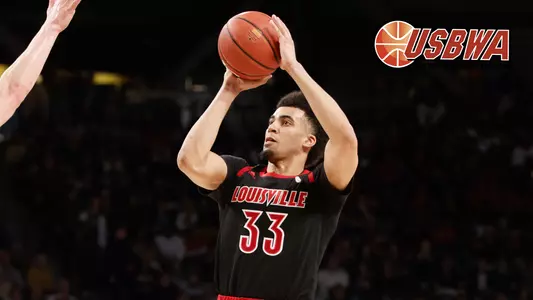 Jordan Nwora shoots at Georgia Tech with the USBWA logo depicted.