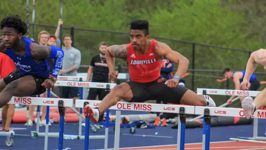 Martice Moore competes in the hurdles at the Ole Miss Classic
