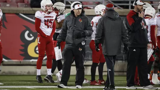 Scott Satterfield works the sideline at the Spring Showcase