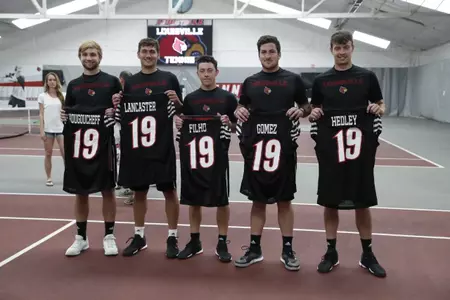 Clement Filho, Federico Gomez, George Hedley, Brandon Lancaster and Christopher Morin-Kougoucheff are honored prior to the Cardinals match against North Carolina.