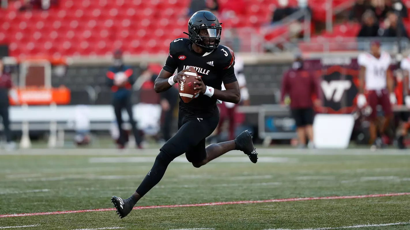 Malik Cunningham throwing a pass against Virginia Tech at Cardinal Stadium.