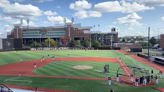 The Louisville baseball team practicing at Jim Patterson Stadium.