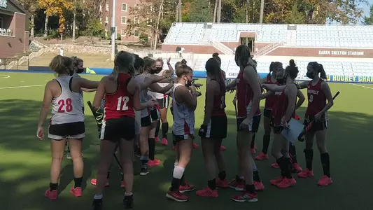 Field hockey huddle at ACC practice