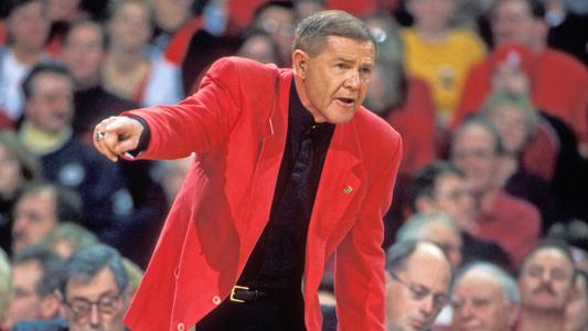 Former UofL Coach Denny Crum on the sidelines at Freedom Hall