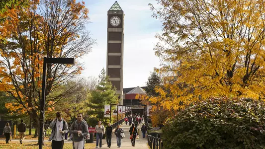 The Swain Student Activities Center clock tower on the UofL campus