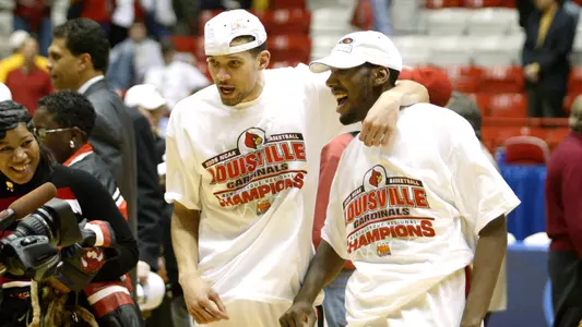 Francisco Garcia & Brandon Jenkins celebrate after beating West Virginia to advance to the 2005 NCAA Final Four.