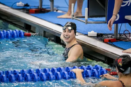 Casey Fanz celebrates her swim
