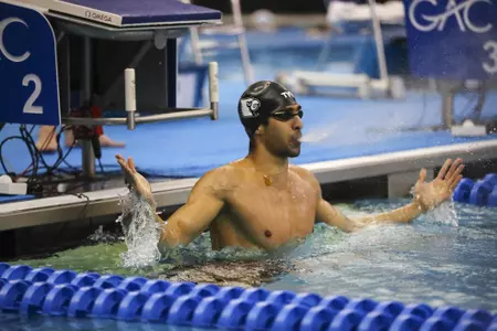 Haridi Sameh celebrates at the blocks
