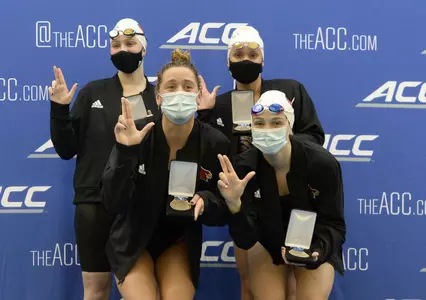 Louisville places first in the 200-yard freestyle relay during the 2021 ACC WomenÕs Swimming Championship in Greensboro, N.C. Thursday, Feb.18, 2021 (Photo by Sara D. Davis, the ACC)