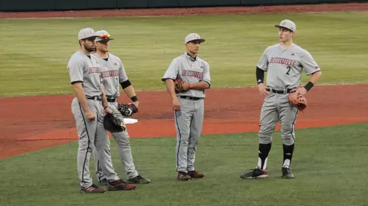 The Louisville infield during a pitching change at EKU.
