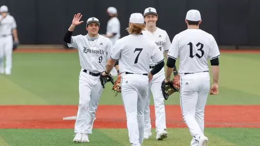 The Cardinals celebrate after a win over Western Illinois.