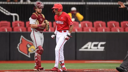 Trey Leonard celebrates after hitting a home run against Florida State.