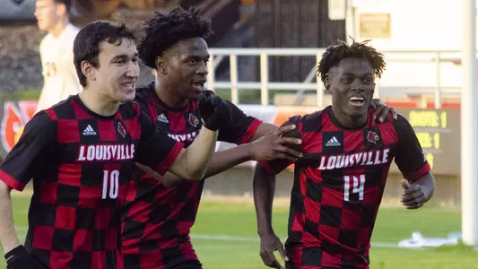 Eric Danquah celebrating after scoring a goal against Virginia.