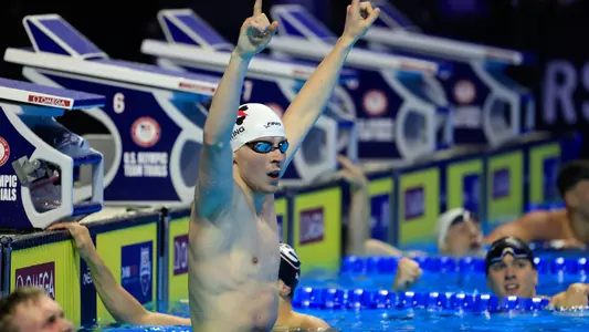 Zach Harting celebrates his win in the 200 Fly at the Olympic Trials