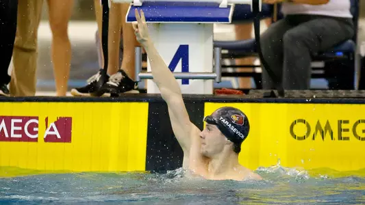 Louisville SR Grigory Tarasevich reacts after winning the 100 Yard Backstroke during the 2017 ACC Men?s Swimming Championship in Atlanta, Ga., Wednesday, Mar. 1, 2017. (Photo by Todd Kirkland, theACC.com)