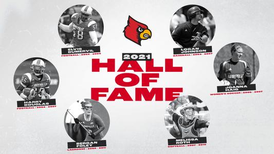 The six inductees in the 2021 UofL Athletics Hall of Fame are depicted in this graphic.
