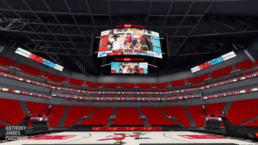 New center hung scoreboard rendering in the KFC Yum! Center.