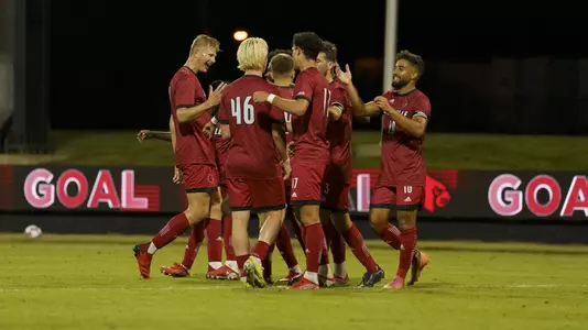 The Cardinals celebrate a goal against Boston College.