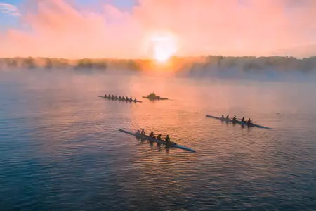 Rowers move thru the morning mist