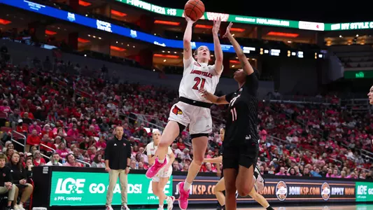 Emily Engstler drives to basket vs. Virginia Tech