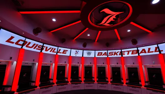 A picture of the men's basketball locker room at the KFC Yum! Center.